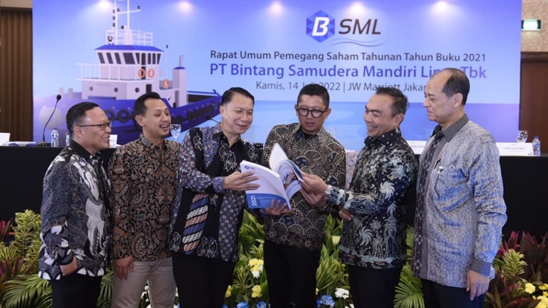 PT Bintang Samudera Mandiri Lines Tbk (BSML) menggelar rapat umum pemegang saham tahunan (RUPST) di Jakarta, Kamis (14/7/2022), setelah perseroan resmi tercatat (listing) di Bursa Efek Indonesia (BEI) sejak 16 Desember 2021.