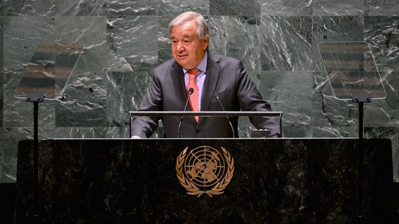 Sekretaris Jenderal PBB António Guterres berbicara selama Konferensi Peninjauan 2022 Para Pihak Perjanjian tentang Non Proliferasi Senjata Nuklir di PBB, New York City pada 1 Agustus 2022. (FOTO: ANGELA WEISS / AFP)