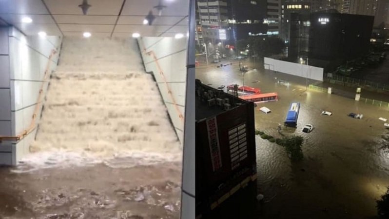 Banjir di Seoul, Korea Selatan pada 8 Agustus 2022. (FOTO: Twitter/@i_melody_you/@cafetero7878)