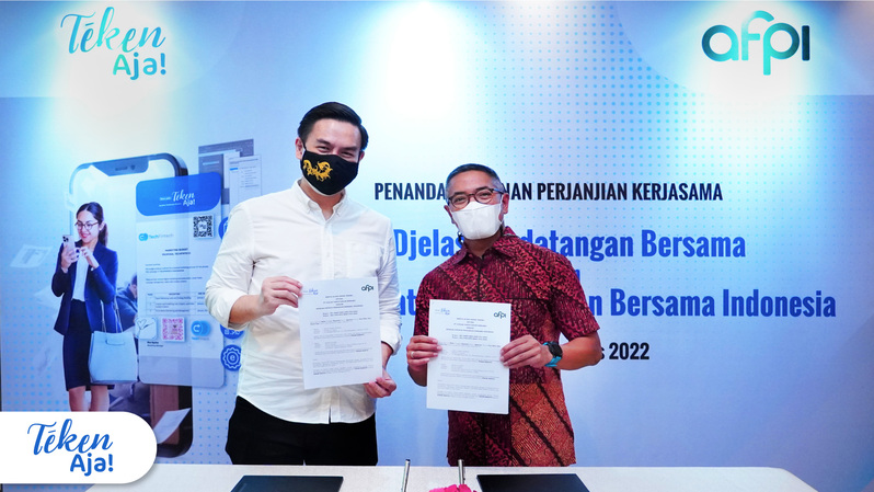 Asosiasi Fintech Pendanaan Bersama Indonesia (AFPI) menandatangani perjanjian kerja sama dengan TekenAja dalam penyediaan tanda tangan elektronik dan e-Meterai bagi perusahaan fintech lending.