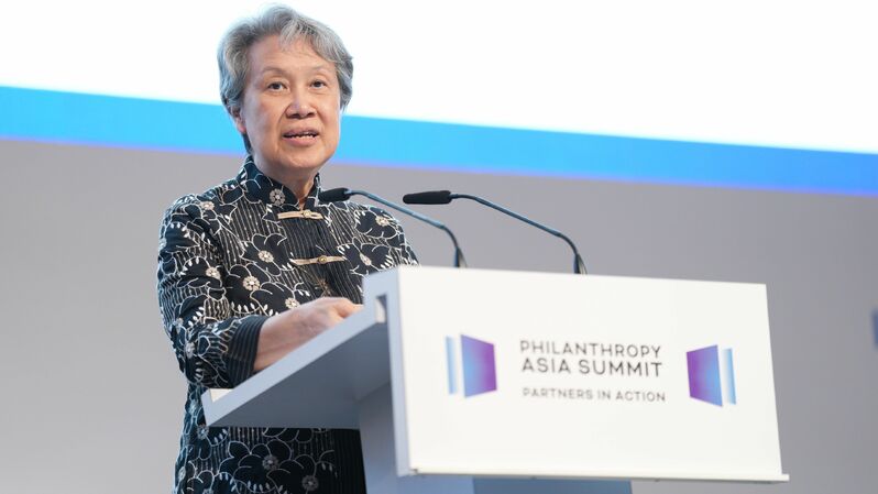 Chairman Temasek Trust Ho Ching saat berbicara pada acara Philanthropy Asia Summit II yang diselenggarakan Temasek Foundation di Shangri-La Orchard, Singapura, Jumat (30/09/2022).