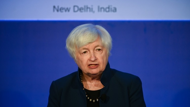 Menteri Keuangan Amerika Serikat (AS) Janet Yellen berbicara selama kunjungannya di Pusat Pengembangan Microsoft India di Noida pada 11 November 2022. Yellen mengatakan AS dan India adalah sekutu secara alami. (Foto: Uang SHARMA / AFP)