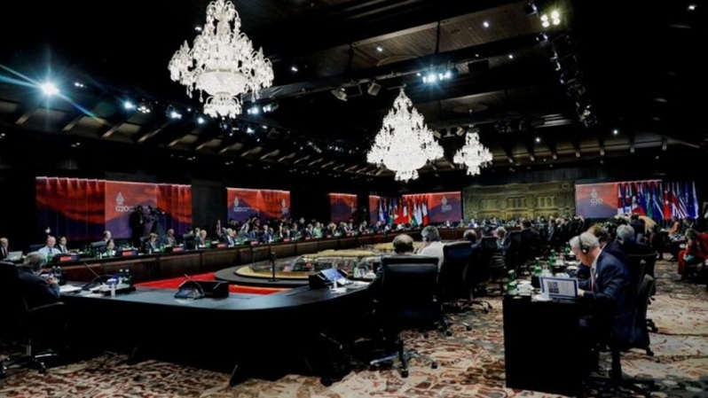 Ruangan sesi I Konferensi Tingkat Tinggi G20 di Nusa Dua, Bali pada 16 November 2022. (Foto: REUTERS/Willy Kurniawan/Pool)