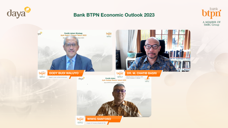 Bank BTPN Economic Outlook 2023 turut dihadiri Deputi Gubernur Bank Indonesia Dody Budi Waluyo, Ekonom Senior dan Co-Founder Creco Research Institute Dr. M. Chatib Basri dan Head of Treasury Bank BTPN Wiwig Santoso melalui Zoom Webinar pada Senin (5/12/2022). 