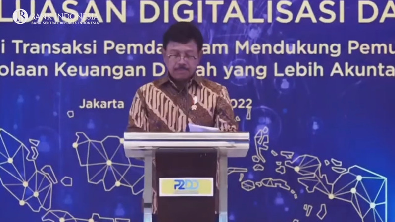 Menkominfo Johnny G Plate di acara Rakornas Percepatan dan Perluasan Digitalisasi Daerah 2022 di Jakarta, Selasa (6/12/2022). (IST)