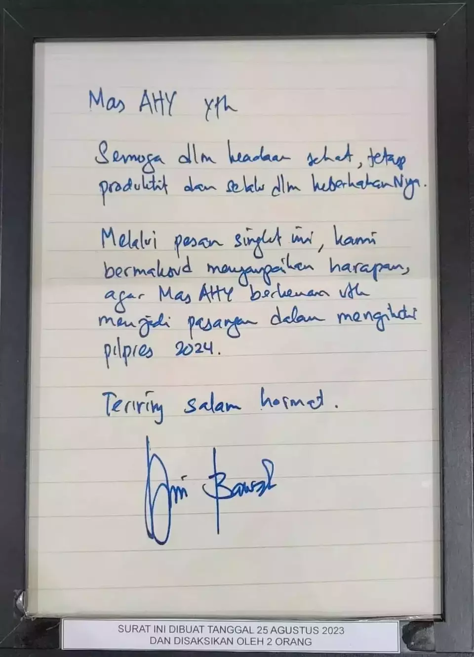 Agitated Democratic Party Publishes Anies’ Handwritten Request to Pair with Agus for 2024