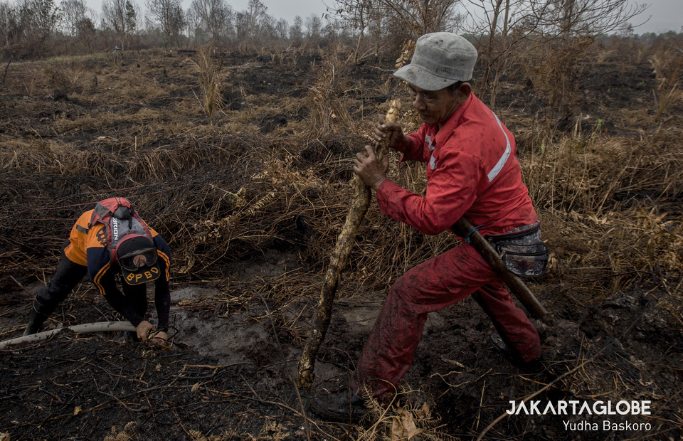 Two fire fighter infuse water inside peatlands at Ganepo Village in Sampit, Central Kalimantan on Wednesday (02/10). (JG Photo/Yudha Baskoro)