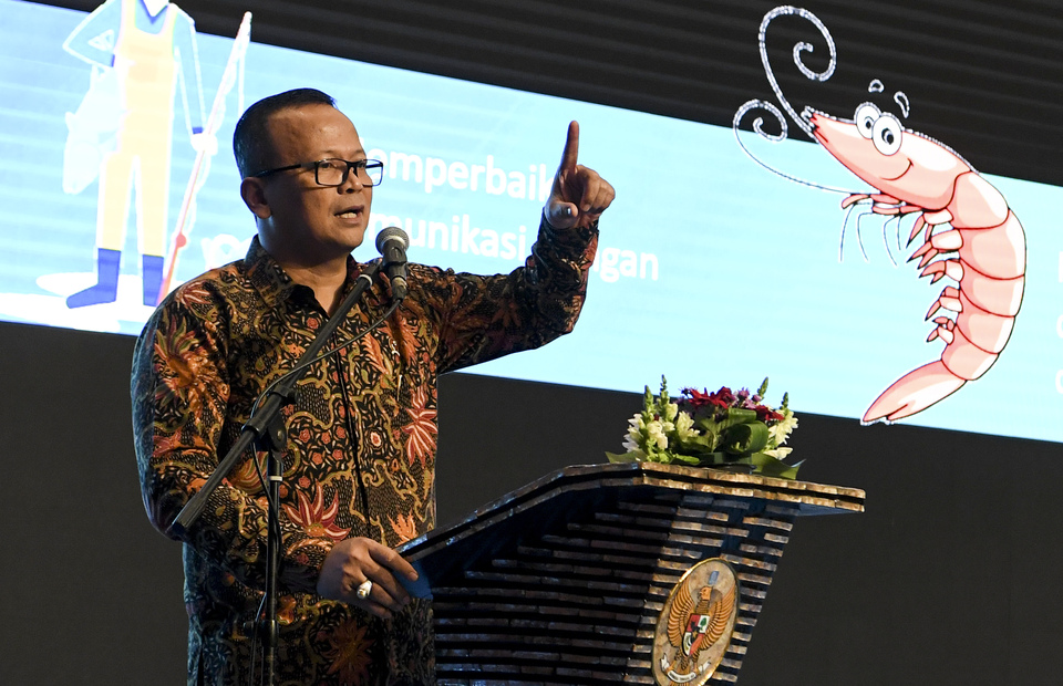 Menteri Kelautan dan Perikanan Edhy Prabowo menyampaikan pidato saat Rakornas KKP di Jakarta, Rabu (4/12/2019). Rakornas yang mengambil tema 'Mewujudkan Indonesia Maju Melalui Sektor KP' itu untuk menghasilkan Rencana Strategis KKP 2020-2024. ANTARA FOTO/Hafidz Mubarak A/ama.