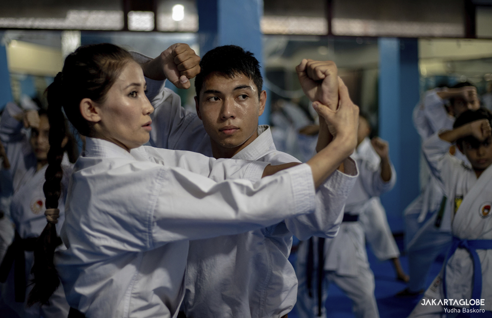 Sensei Meena trains her student at Cisarua Refugee Shotokan Karate Clubs dojo in Cisarua, Bogor, West Java on September 8, 2021. (JG Photo/Yudha Baskoro)
