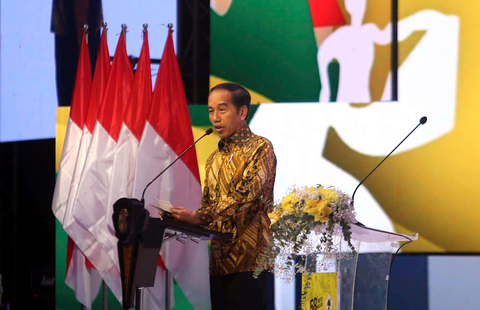 President Joko Widodo delivers the opening speech during an event to celebrate the 58th anniversary of the Golkar Party at Jakarta International Expo on October 21, 2022. (Joanito De Saojoao)