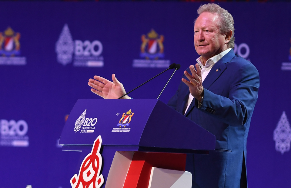 Chairman and Founder of Fortescue Future Industries and Fortescue Metals Group, Andrew Forrest, delivers a speech at the B20 Summit in Nusa Dua, Bali, on November 13, 2022. (Antara photo)