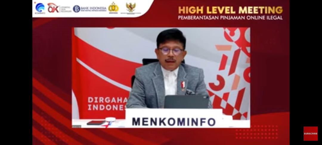 Menkominfo Johnny G. Plate dalam Konferensi Pers virtual Penandatanganan Pernyataan Bersama dalam Rangka Pemberatasan Pinjaman Online Ilegal, di Jakarta, Jumat, (20/8).