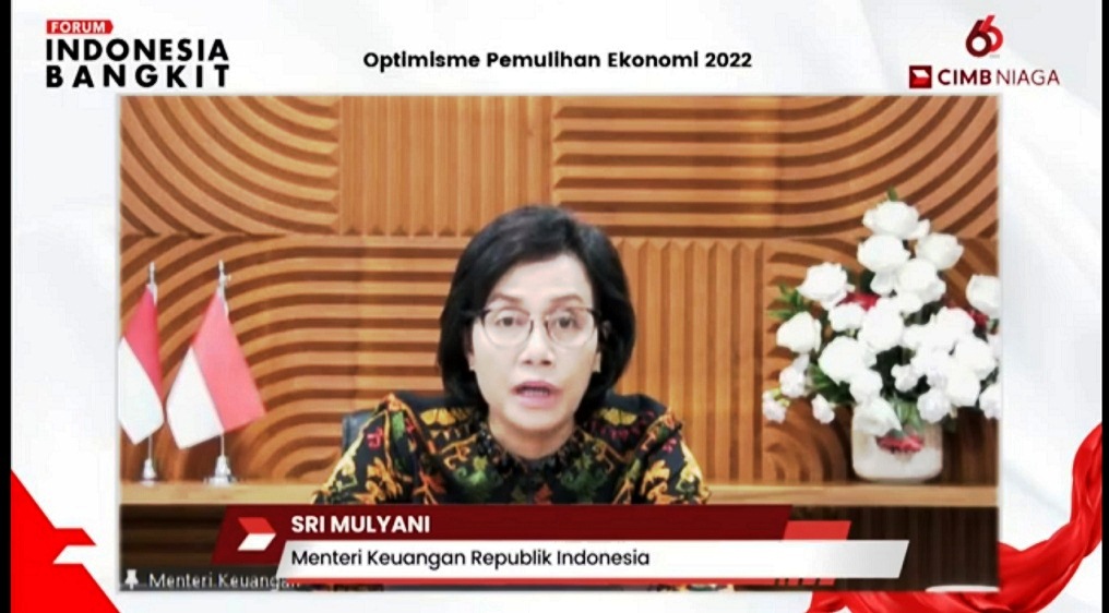 Menteri Keuangan Sri Mulyani Indrawati dalam webinar Optimisme Pemulihan Ekonomi 2022 yang digelar CIMB Niaga, Rabu, 29 September 2021.