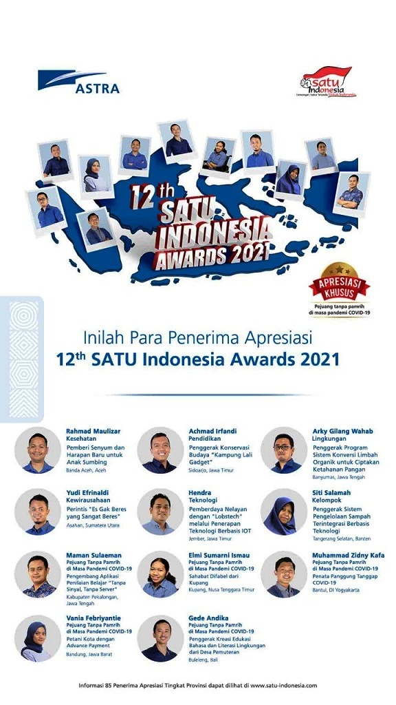 Poster 11 penerima apresiasi 12th SATU Indonesia Awards 2021 tingkat nasional.