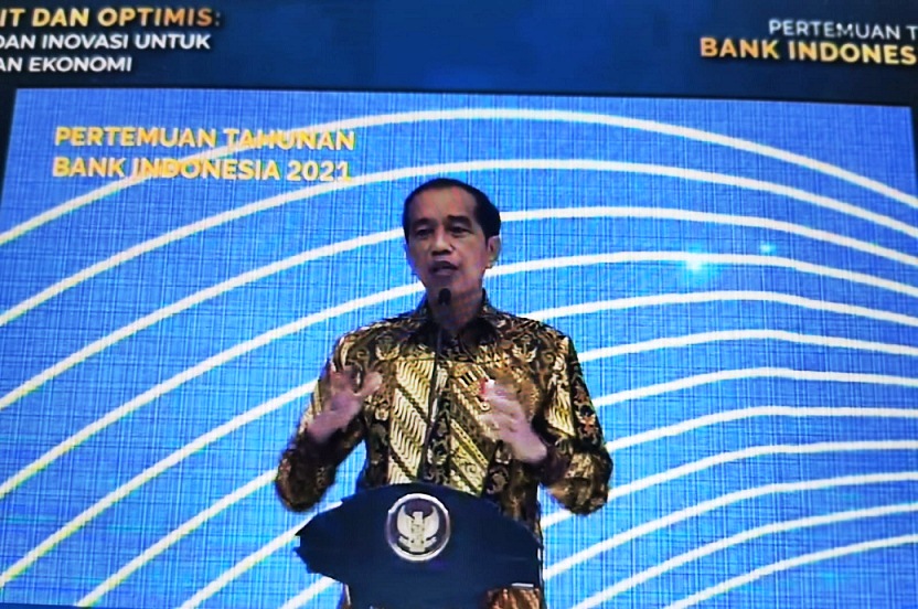 Presiden Joko Widodo memberikan sambutan  dalam Pertemuan Tahunan Bank Indonesia 2021, Rabu (24/11/2021). Sumber: Investor Daily/Primus Dorimulu