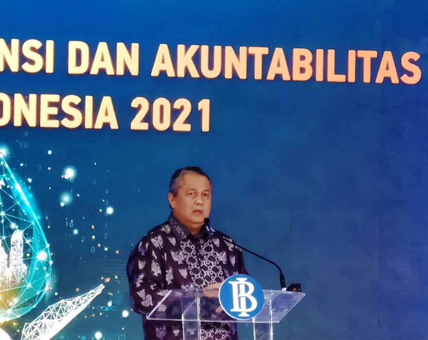 Gubenur BI Perry Warjiyo dalam acara Laporan Transparansi dan Akuntabilitas Bank Indonesia (BI) 2021, di Jakarta, Rabu (26/1/2022). Foto: Investor Daily/Primus Dorimulu